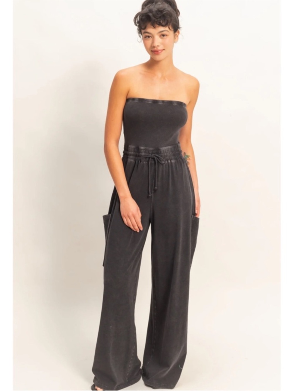 NEW Double Zero Mineral Wash Strapless Wide Leg Jumpsuit Large
